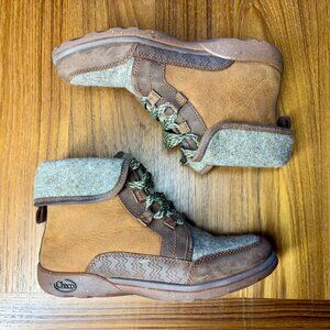 Chaco Barbary Boots Womens 7 EU 38 Tan Grey Wool Leather Lace Up Ankle